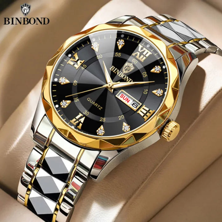 BINBOND Men Watch Stainless Steel Top Quailty Luxury Push Button Hidden Clasp