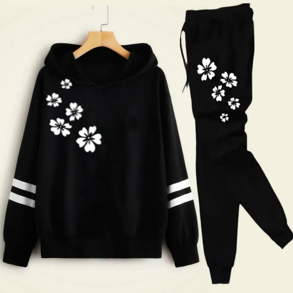 Black Double Stripe Printed Winter Tracksuit For Girls & Womens - Soft & Comfy Hoodies