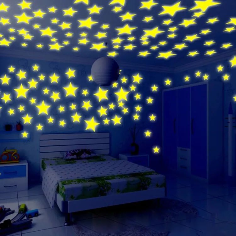 Pacwrite a short description onk of 100 - 3D Stars Glow In The Dark Wall Stickers Luminous Fluorescent Wall Stickers For Kids Baby Room Bedroom Ceiling Home Decor