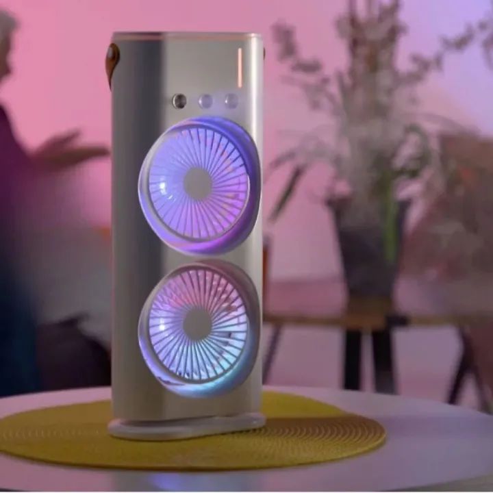 Rechargeable Automatic Rotating Dual Double Spray Mist Fan with Lightening Effects