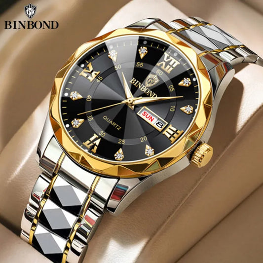 BINBOND Men Watch Stainless Steel Top Quailty Luxury Push Button Hidden Clasp
