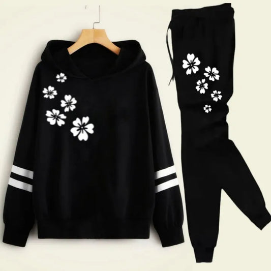Black Double Stripe Printed Winter Tracksuit For Girls & Womens - Soft & Comfy Hoodies