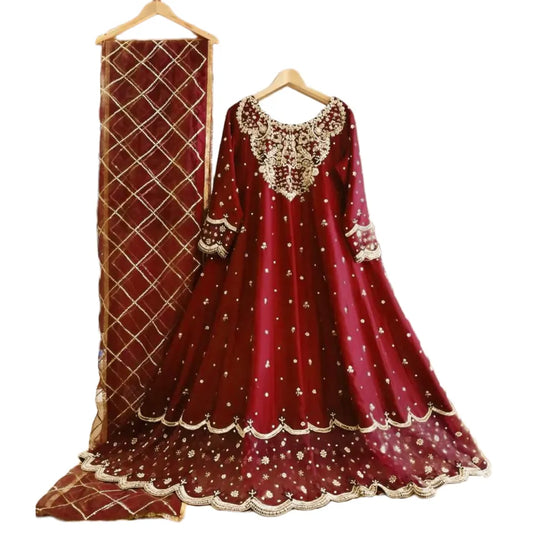 Embroidered Maxi Dress – Shamose Silk 3-Piece with Dupatta for Women