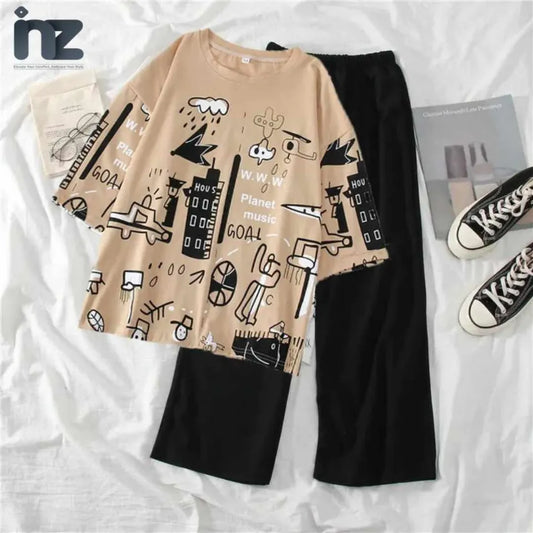 Women oversized Relax In Comfortable Printed T-Shirts and trouser for Girls