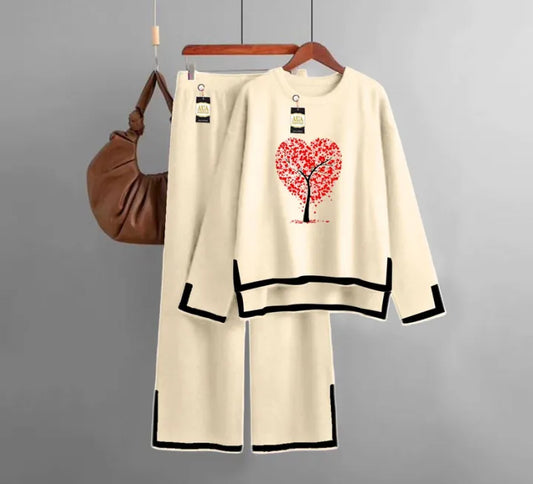 AUA GARMENTS Tree Heart Printed Turkish Winter Co-Ord Set for Women